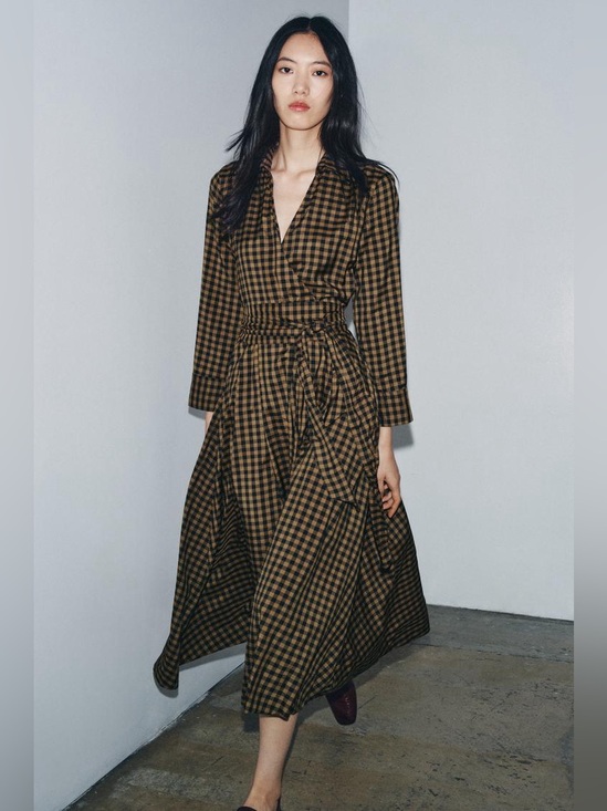 Zara Dresses & Skirts - Zara Checkered Poplin Midi Shirt Dress Plaid Long Sleeves Caramel Navy Medium